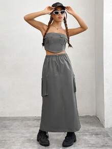 SHEIN EZwear 女性貨物式無肩帶上衣配襯褲套裝 - 灰色 - 查看 3