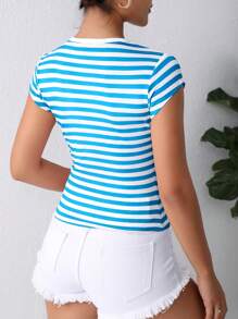 SHEIN Essnce 條紋修身短袖t卹 - 藍色 - 查看 2