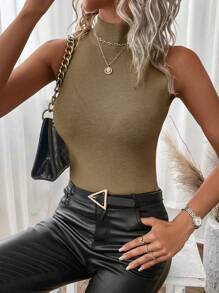 SHEIN Unity Women's Solid Color Stand Collar Sleeveless Knitted Top - Camel - View 7