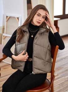 SHEIN Unity 女士无袖加厚棉服冬季拉链棉衣 - 卡其色 - 查看 1