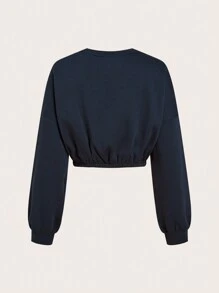 SHEIN BASICS Màu thuần Vòng cổ Ngắn Áo chui đầu Áo nỉ - Màu xanh hải quân - Xem 2