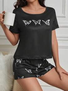 Women's Butterfly Pattern Round Neck Short Sleeve Sleepwear Top - Black - View 5
