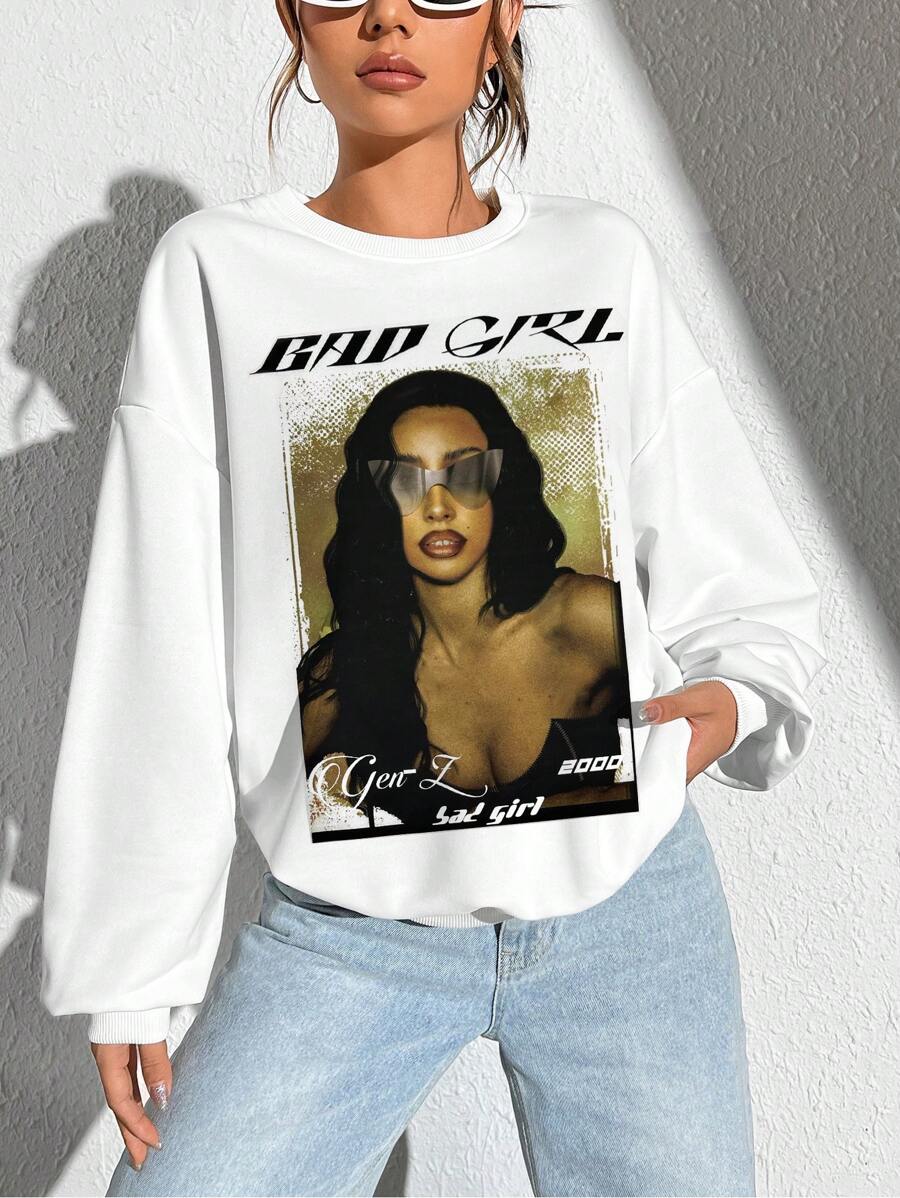 SHEIN EZwear Thick Round Neck Casual Sweatshirt With Character Print, Autumn/Winter Oversized Women's Outwear - White - View 1