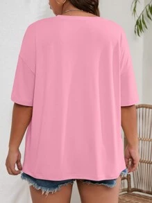 INAWLY Plus Size Solid Color Women'S T-Shirt With Dropped Shoulders - Pink - View 2