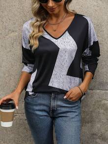 SHEIN LUNE Ladies' Color Block Long Sleeve T-shirt - Black - View 6