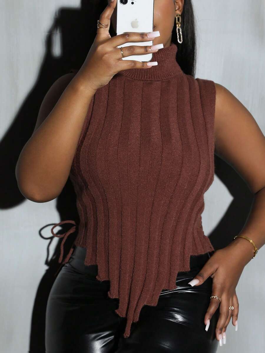 SHEIN LUNE Áo len chui đầu cổ cao cỡ lớn cho nữ có viền bất đối xứng - Cà phê nâu - Xem 1