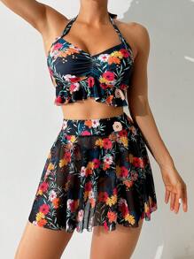 Women's Flower Print Halter Neck Bikini Set With Matching Bottoms Summer Beach - Multicolor - View 1