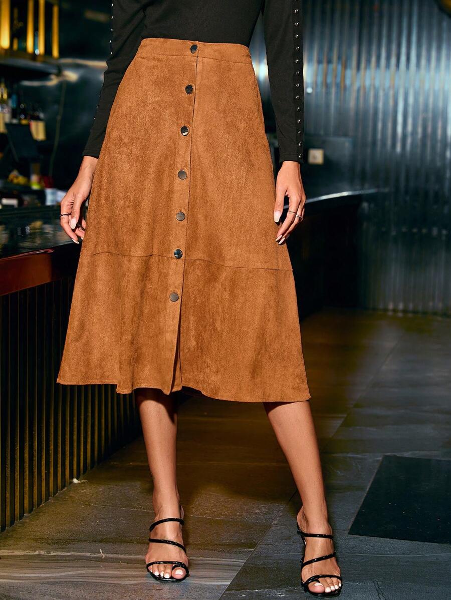 SHEIN Clasi Của phụ nữ Nút phía trước Váy - màu nâu - Xem 1