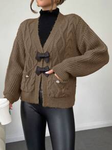 RueChic Twisted Knit Cardigan With Bow Knot Detail - Camel - View 5