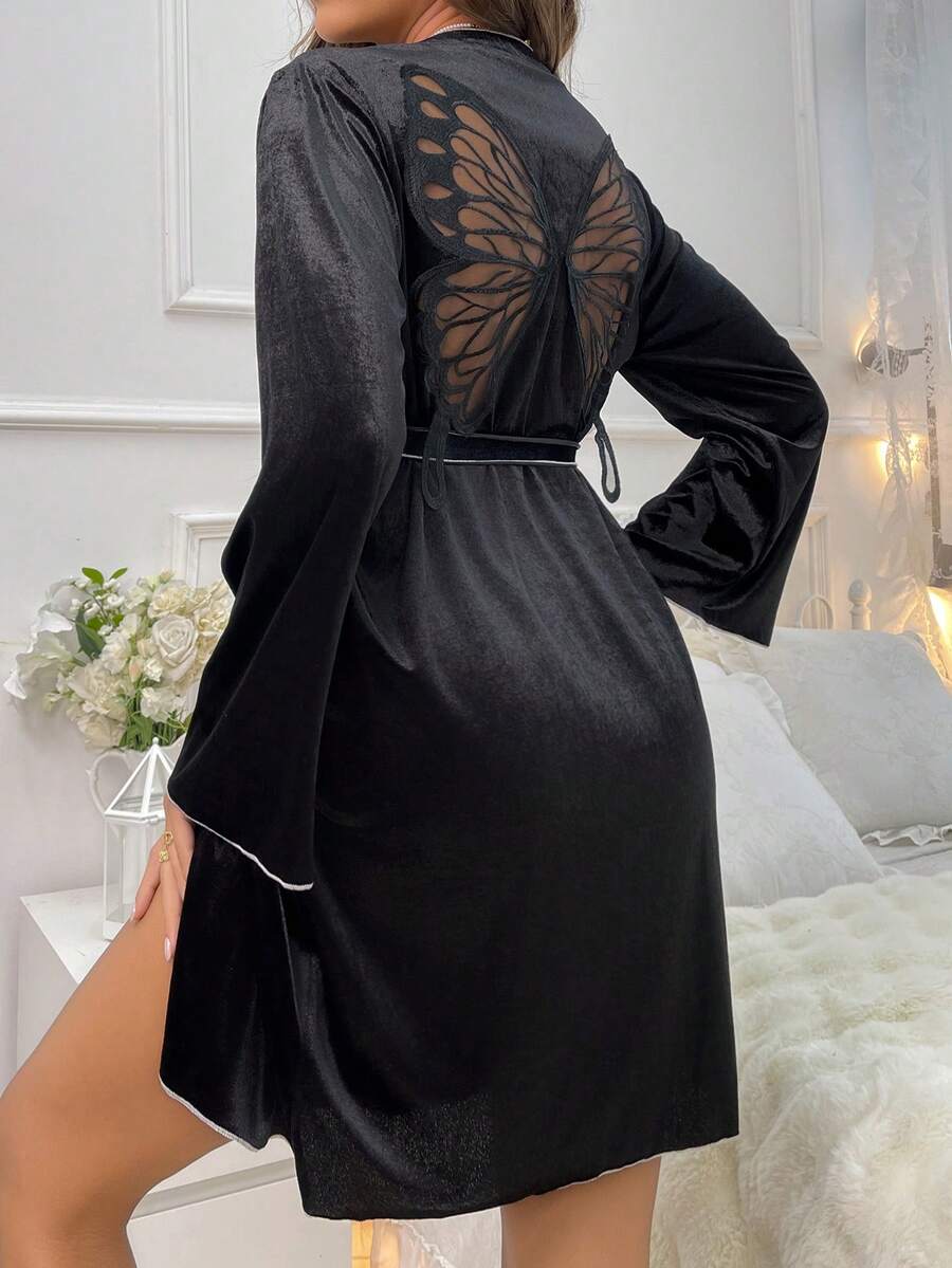 女士蝴蝶刺绣网眼撞色饰边系腰带长袍，背部有镂空设计 - 黑色 - 查看 1