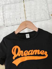 SHEIN 小女孩休閒字母印花t恤+口袋實用長褲套裝 - 黑色 - 查看 3