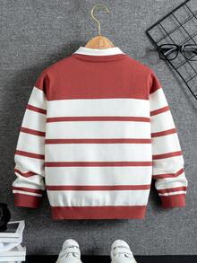 男童休閒條紋長袖毛衣,秋冬 - 酒紅色 - 查看 2