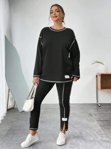 SHEIN Essnce 女款大尺碼撞色邊 T 卹與緊身褲套裝 - 黑色 - 查看 1
