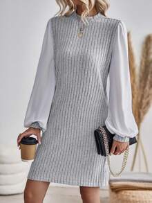 SHEIN LUNE Lantern Sleeve Dress With Stand Collar And Color Block, Belt Not Included - Multicolor - View 5