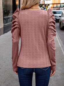 SHEIN Clasi 女款泡泡袖紋理長袖圓領t卹 - 粉色 - 查看 2