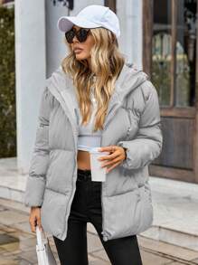 RueChic Women'S Zipper Hooded Padded Jacket - Grey - View 5