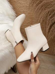 女款冬季新款簡約方頭低中跟短靴及踝靴,百搭風格 - 杏色 - 查看 1