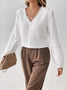 SHEIN Frenchy 女性刺繡拼接褶皺面料襯衫