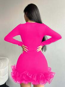 VaVaBold 女性長袖多層蕾絲邊連衣裙 - 玫紅色 - 查看 4