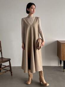 FRIFUL 女款無袖v領寬鬆休閒連身裙 - 咖啡 - 查看 4