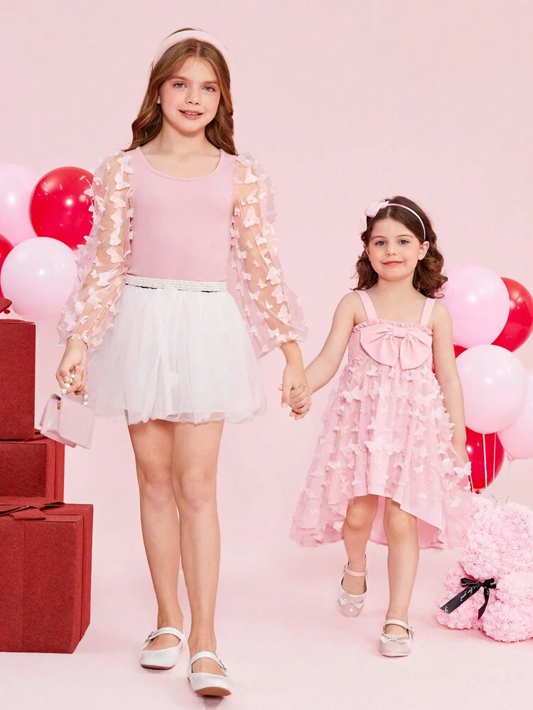 Tween Girl Knitted Contrast Mesh Butterfly & Flower Laser Cut Lantern Sleeve T-Shirt, Mommy And Me Matching (The Set Is Sold Separately In 3 Pieces)