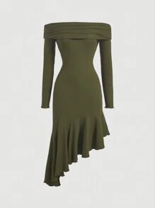 SHEIN MOD Women's Off Shoulder Asymmetric Hem Dress - Army Green - View 1