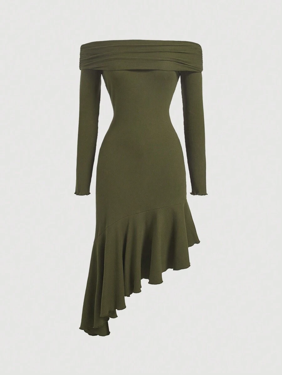SHEIN MOD Women's Off Shoulder Asymmetric Hem Dress - Army Green - View 1