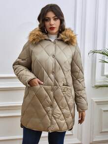 Astrid Women Plus Size Rhombus Pattern Long Sleeve Casual Jacket With Fluffy Collar - Camel - View 1