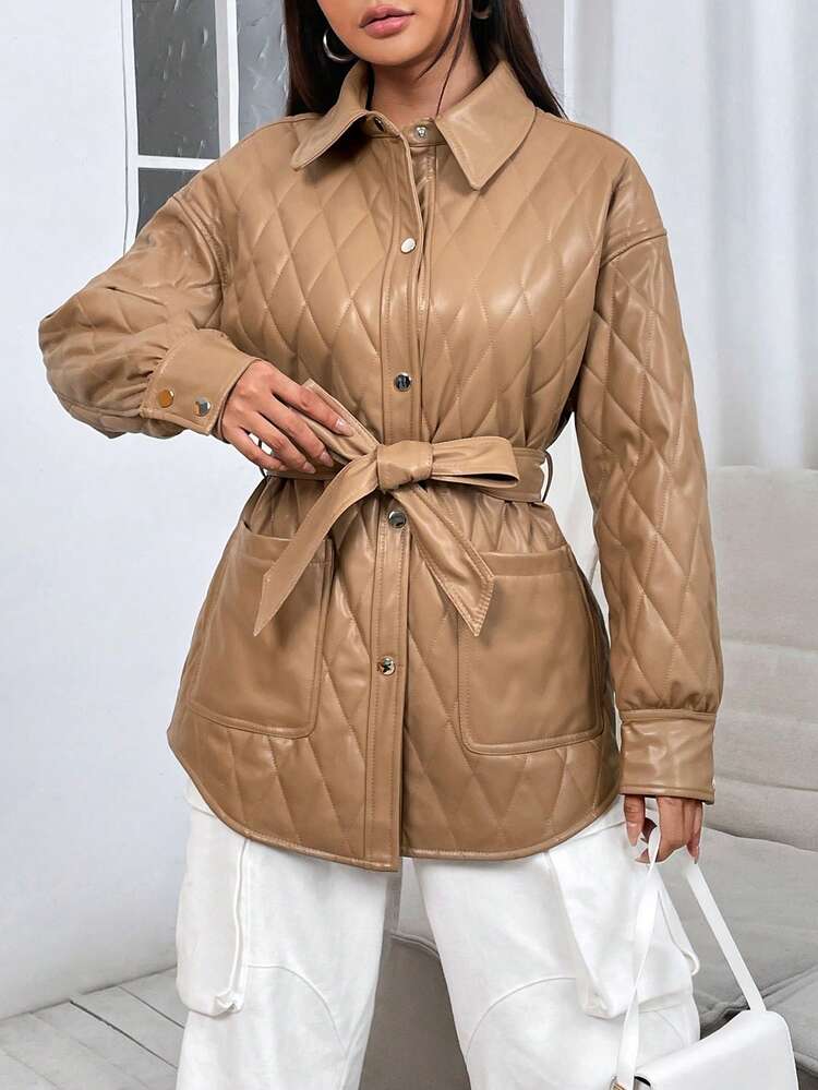 Diamond Grid Padded Padded Coat Clothes Winter With Pocket And Drop Shoulder Fall Cloth For Women