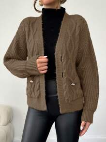 RueChic Twisted Knit Cardigan With Bow Knot Detail - Camel - View 3