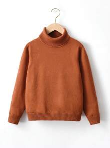 SHEIN 青少年男生高領長袖毛衣 - 棕色 - 查看 1