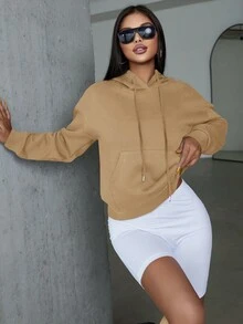 SHEIN PETITE 女士字母印花下墜肩帶束口連帽衫 - 米色 - 查看 5