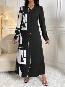 SHEIN Clasi 幾何印花前紐扣襯衫洋裝 - 黑色 - 查看 6