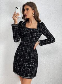 SHEIN Privé 女款泡泡袖格紋連身裙 - 黑與白 - 查看 5