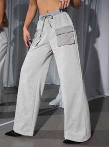 SHEIN ICON Low-Rise Color Blocking Sweatpants With 3d Pocket Design - Grey - View 1