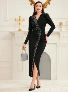 Modelyn Vestido De Manga Abullonada Con Decoración De Cuentas Para Mujeres - Negro - Ver 4