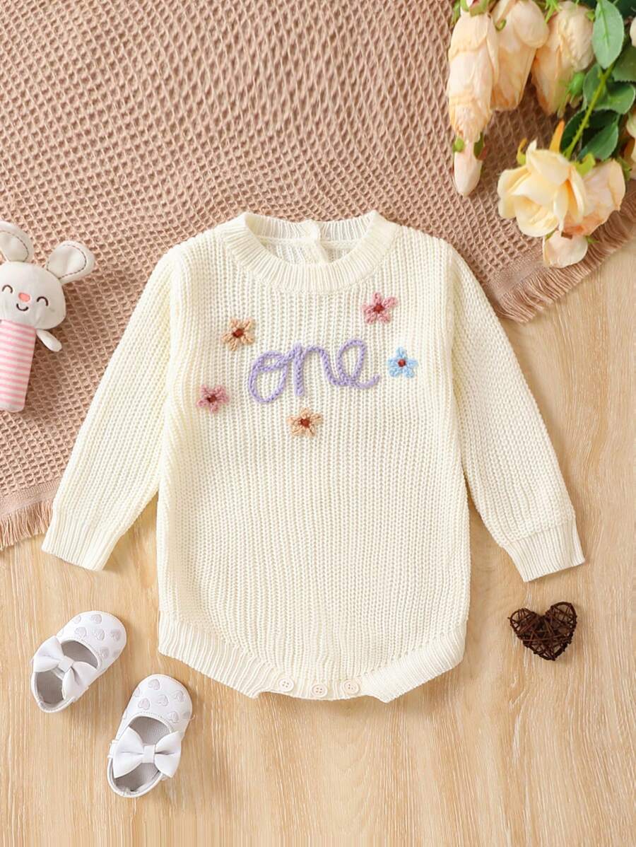 SHEIN Vintaside Kids Em bé Cô gái Thêu Dệt kim Áo liền quần - Màu be - Xem 1