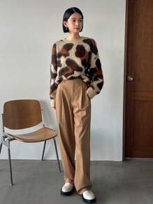 FRIFUL Women's Leopard Print Drop Shoulder Sweater,Ladies Late Fall Casual Long Sleeve Loose Coffee Brown Drop Shoulder Pullovers Women Sweaters,Long Sleeve Tops - Coffee Brown - View 6