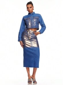 SHEIN BAE 金屬女士牛仔夾克和節日裝 - 藍色 - 查看 4