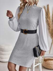 SHEIN LUNE Lantern Sleeve Dress With Stand Collar And Color Block, Belt Not Included - Multicolor - View 6