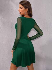 SHEIN Clasi Women's Solid Color Dress With Mesh Sleeves Detail - Dark Green - View 2