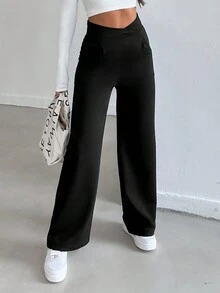 SHEIN Cottnline Women's Solid Color Wide Leg Long Pants - Black - View 6