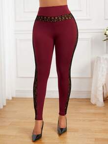 SHEIN Lady 女蕾絲拼接緊身褲 - 彩色 - 查看 3