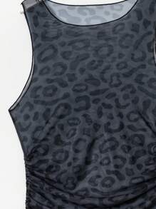 Swim SXY Summer Beach Leopard Print Pleated Design Sleeveless Cover Up - Black - View 4