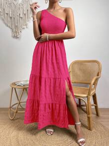 SHEIN VCAY Solid Color Asymmetrical Neck Ruffle Hem High Slit Dress - Hot Pink - View 3