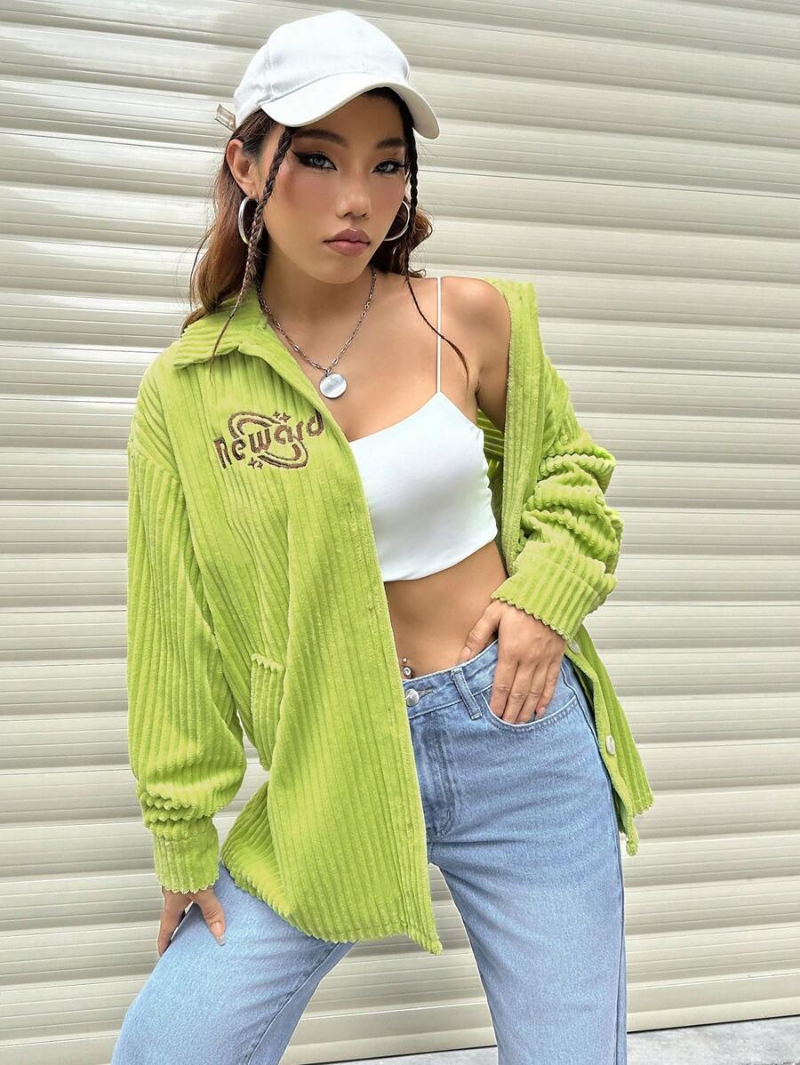 Flirla Letter Embroidered Drop Shoulders Long Sleeve Jacket - Green - View 1