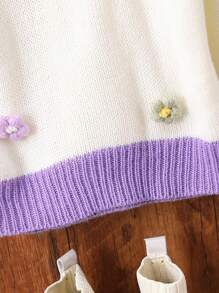 Em bé Cô gái Khối màu Vòng cổ 3D Hoa Áo len - Màu tím - Xem 6