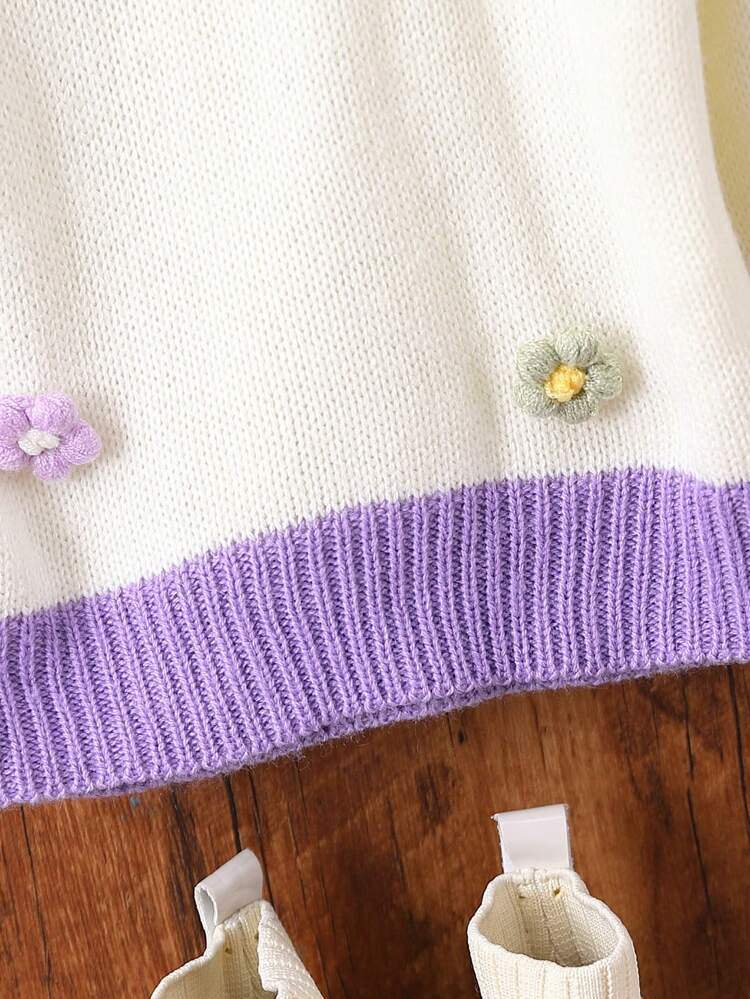 Baby Girls' Color-block Collar 3d Flower Sweater