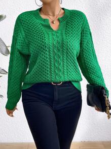 SHEIN LUNE Plus Size Solid Color Drop Shoulder Sweater With Notched Collar Knit Pullover Fall Winter Outfit Autumn - Beige - View 1