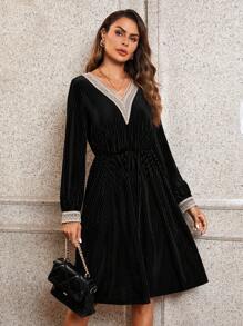 SHEIN Clasi Women's Lace Patchwork Collar Detail Pleated Dress
